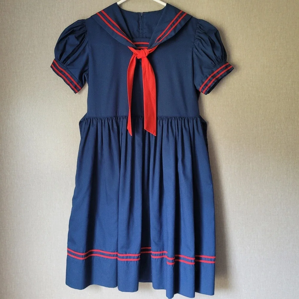 Vintage Jayne Copeland Girls Size 8 Navy Blue Sailor Dress Red Trim Made in USA